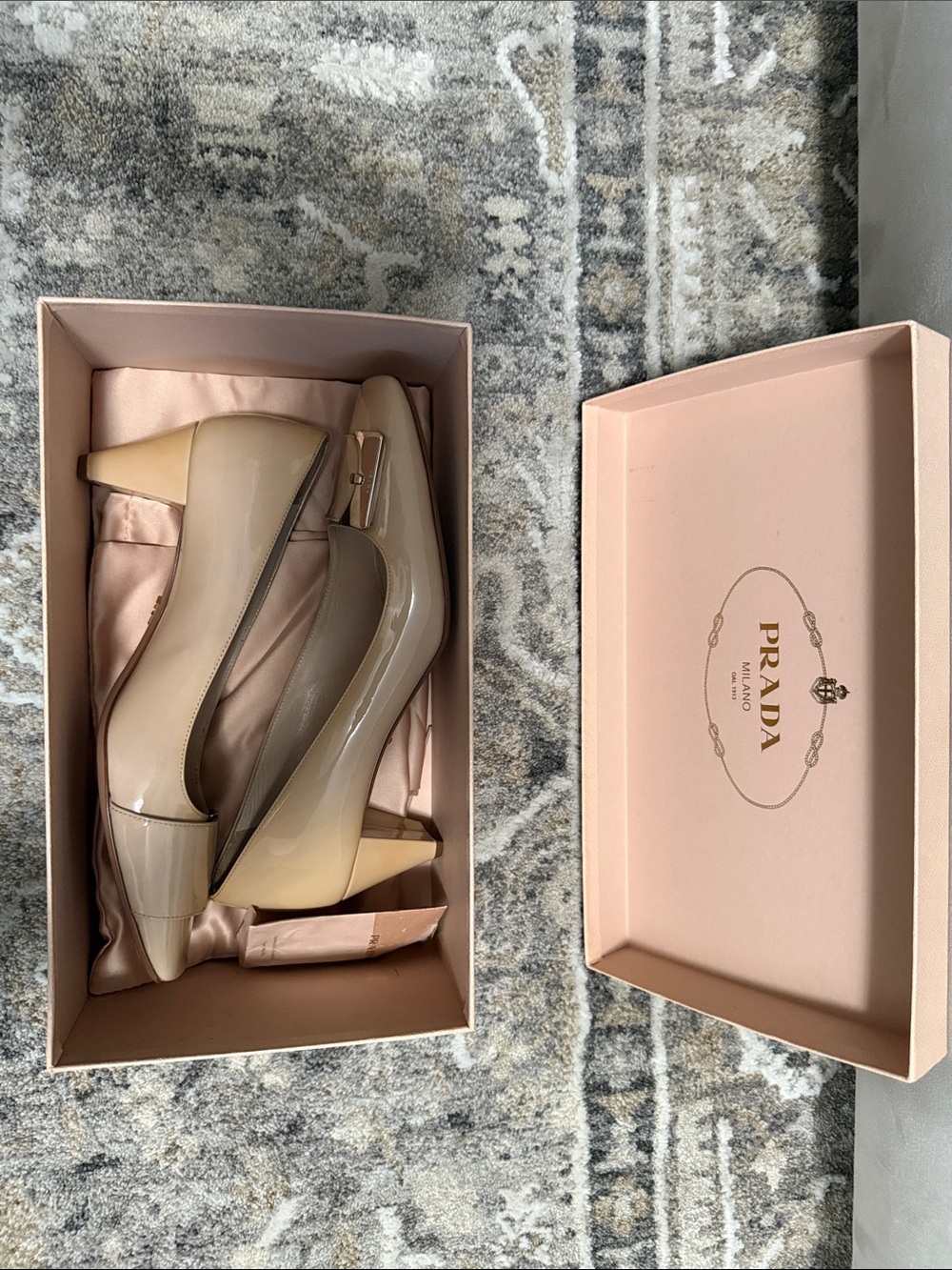 Prada Nude Patent Leather Square-Toe Ballet Heels with Silver Accent - Picture 10 of 10